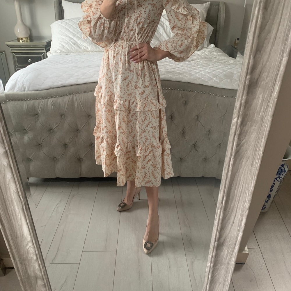 Shop Red Dress Aura Floral Ruffle Midi Dress - Picture 9 of 13